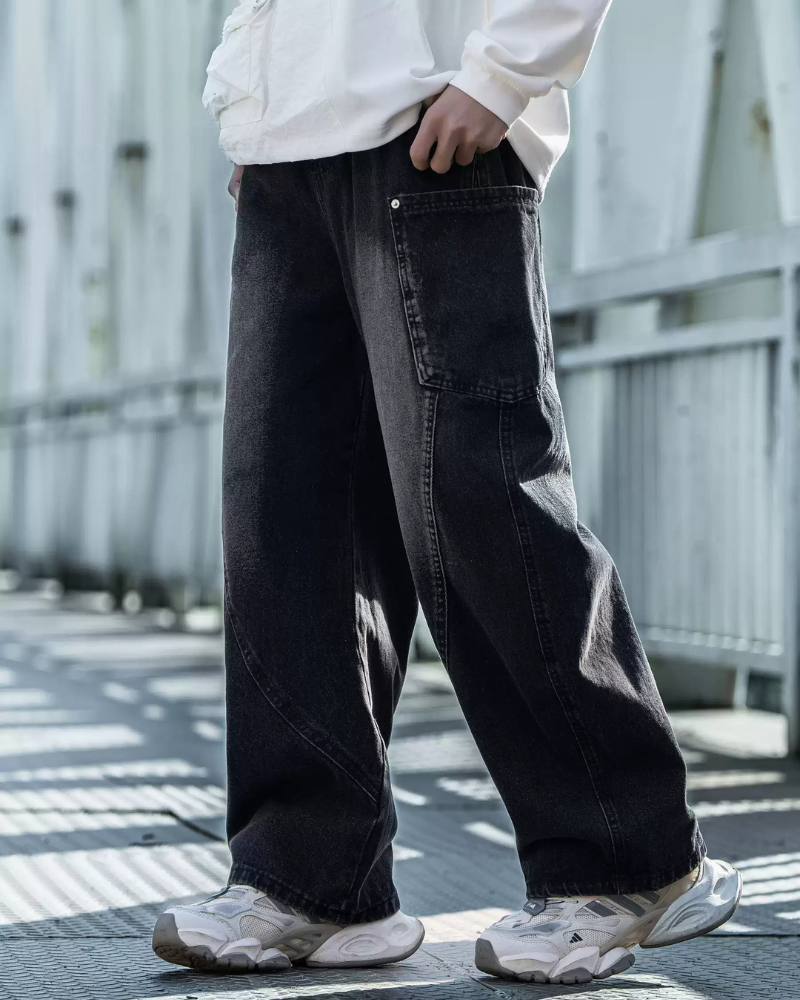 Trendy Paneled Straight Jeans -  adjustable waistband - Trendy Paneled Straight Jeans with Cargo Pockets - View 3