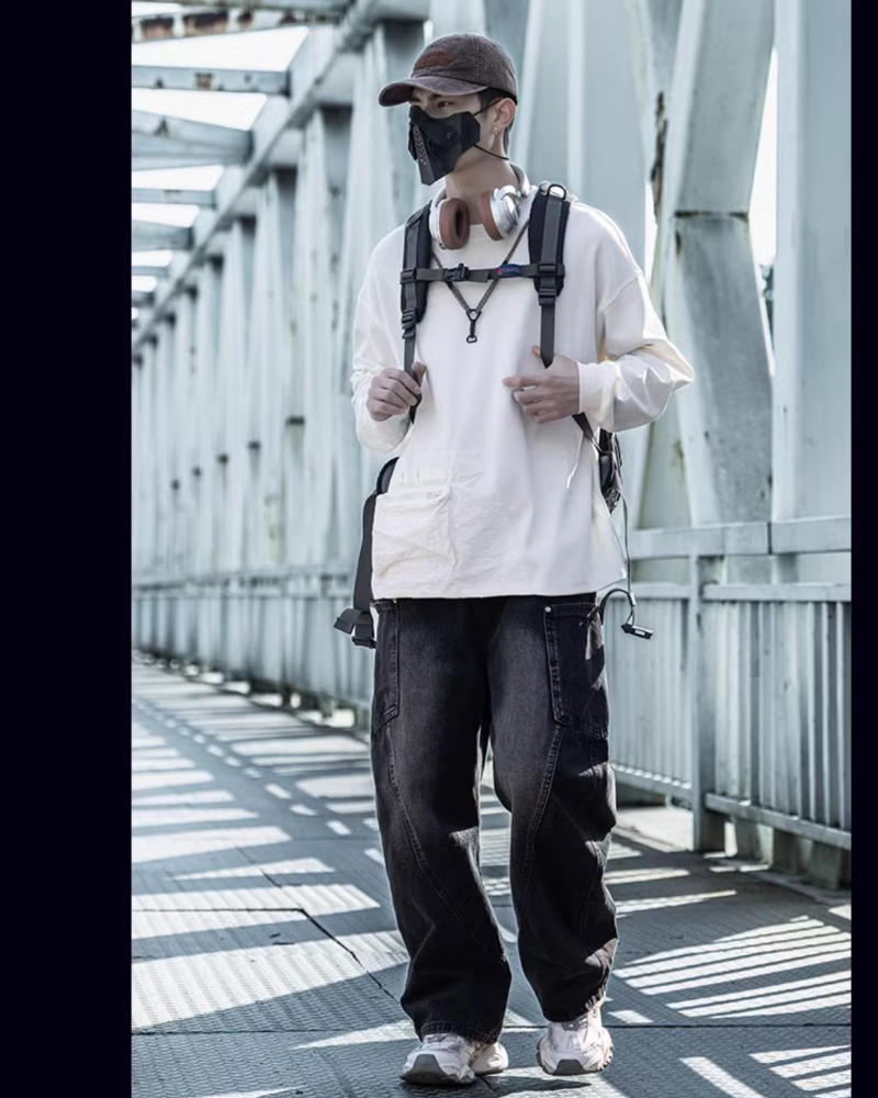 Trendy Paneled Straight Jeans -  cotton spandex jeans - Trendy Paneled Straight Jeans with Cargo Pockets - View 6