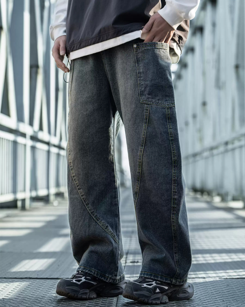 Trendy Paneled Straight Jeans - straight jeans - Trendy Paneled Straight Jeans with Cargo Pockets - View 2