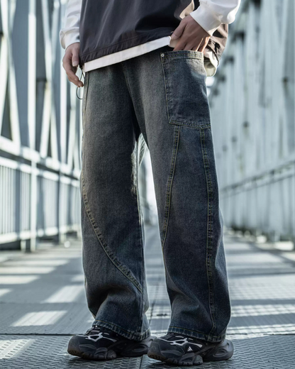Trendy Paneled Straight Jeans - straight jeans - Trendy Paneled Straight Jeans with Cargo Pockets - View 2