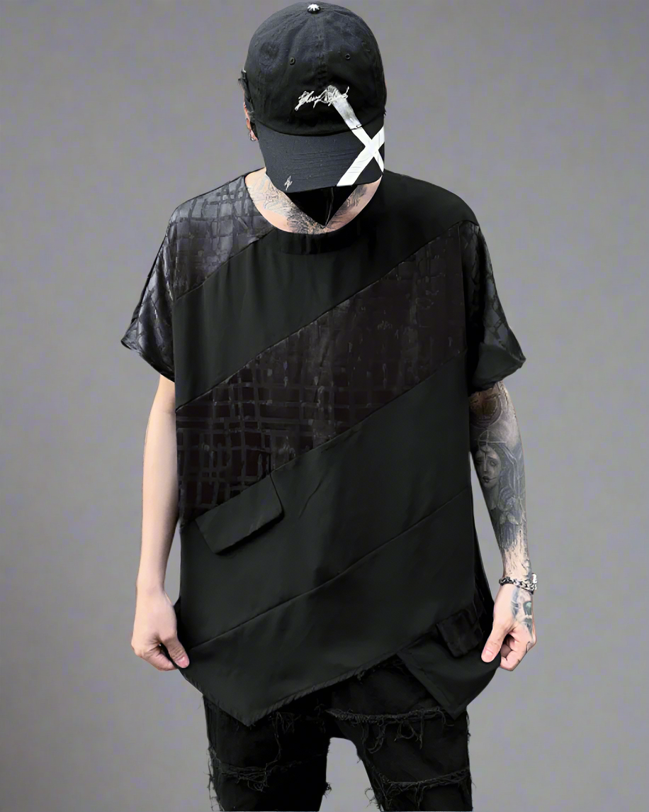 Trendy Patchwork Hem Tee -  black patchwork tee - Trendy Patchwork Hem Tee for Urban Techwear Style - View 4