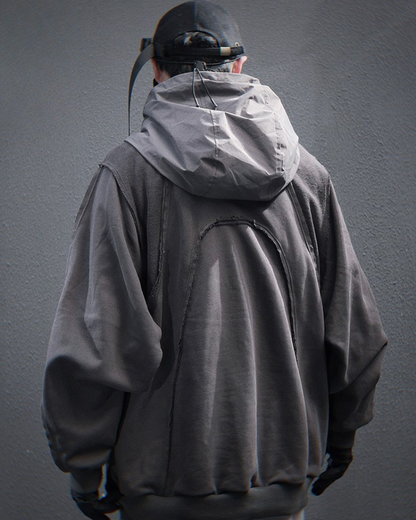Trendy Washed Patchwork Hoodie -  black gray - Sophisticated Cape Hoodie for Streetwear and Techwear - View 3