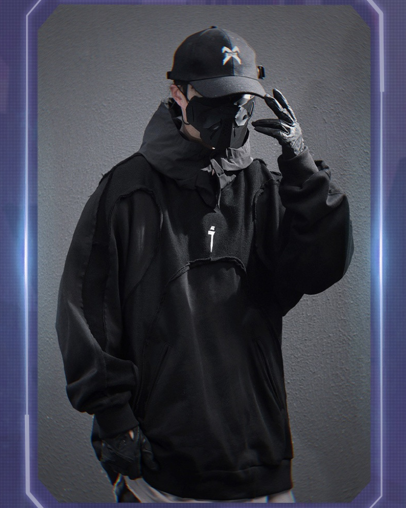 Trendy Washed Patchwork Hoodie -  cape - Sophisticated Cape Hoodie for Streetwear and Techwear - View 4