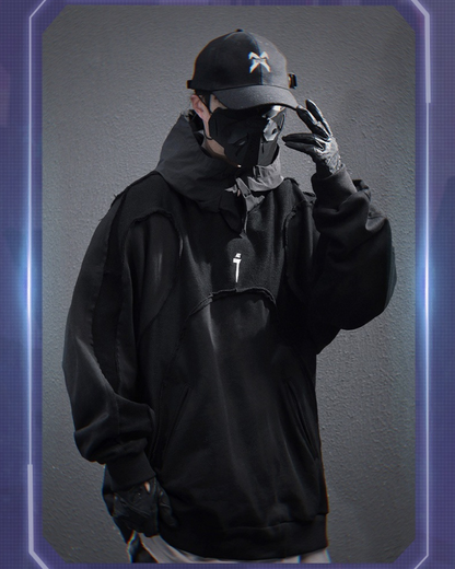 Trendy Washed Patchwork Hoodie -  cape - Sophisticated Cape Hoodie for Streetwear and Techwear - View 4