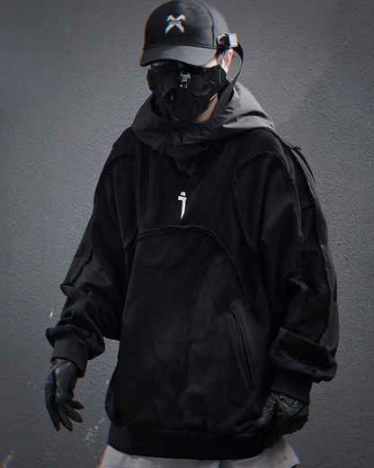 Trendy Washed Patchwork Hoodie - hoodie - Sophisticated Cape Hoodie for Streetwear and Techwear - Main view