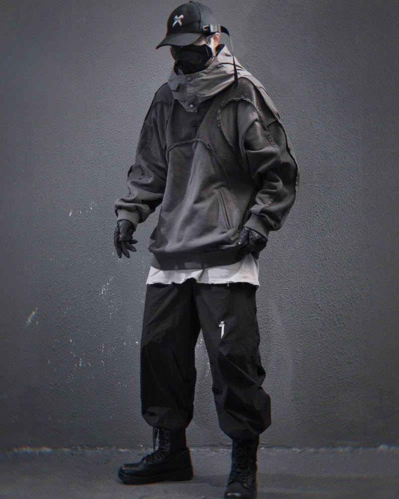 Trendy Washed Patchwork Hoodie -  streetwear - Sophisticated Cape Hoodie for Streetwear and Techwear - View 6