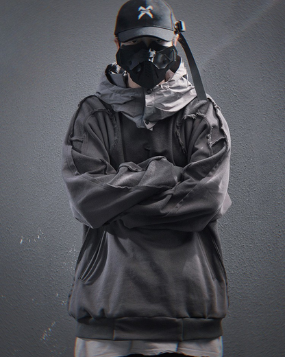 Trendy Washed Patchwork Hoodie - unique cape design hoodie - Sophisticated Cape Hoodie for Streetwear and Techwear - View 2