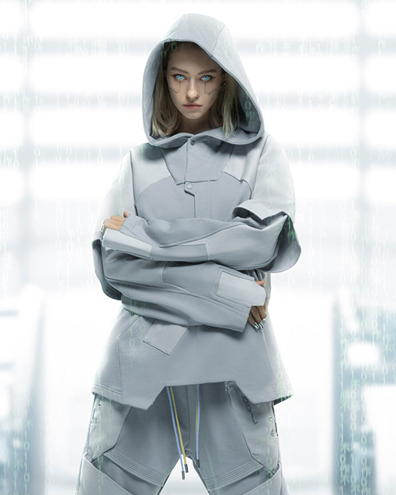 Unisex Cyberpunk Ghost Patchwork Hoodie - futuristic techwear apparel - Unisex Cyberpunk Patchwork Hoodie for Stylish Comfort - Main view