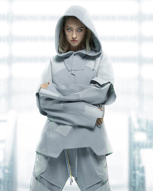 Unisex Cyberpunk Ghost Patchwork Hoodie - futuristic techwear apparel - Unisex Cyberpunk Patchwork Hoodie for Stylish Comfort - Main view