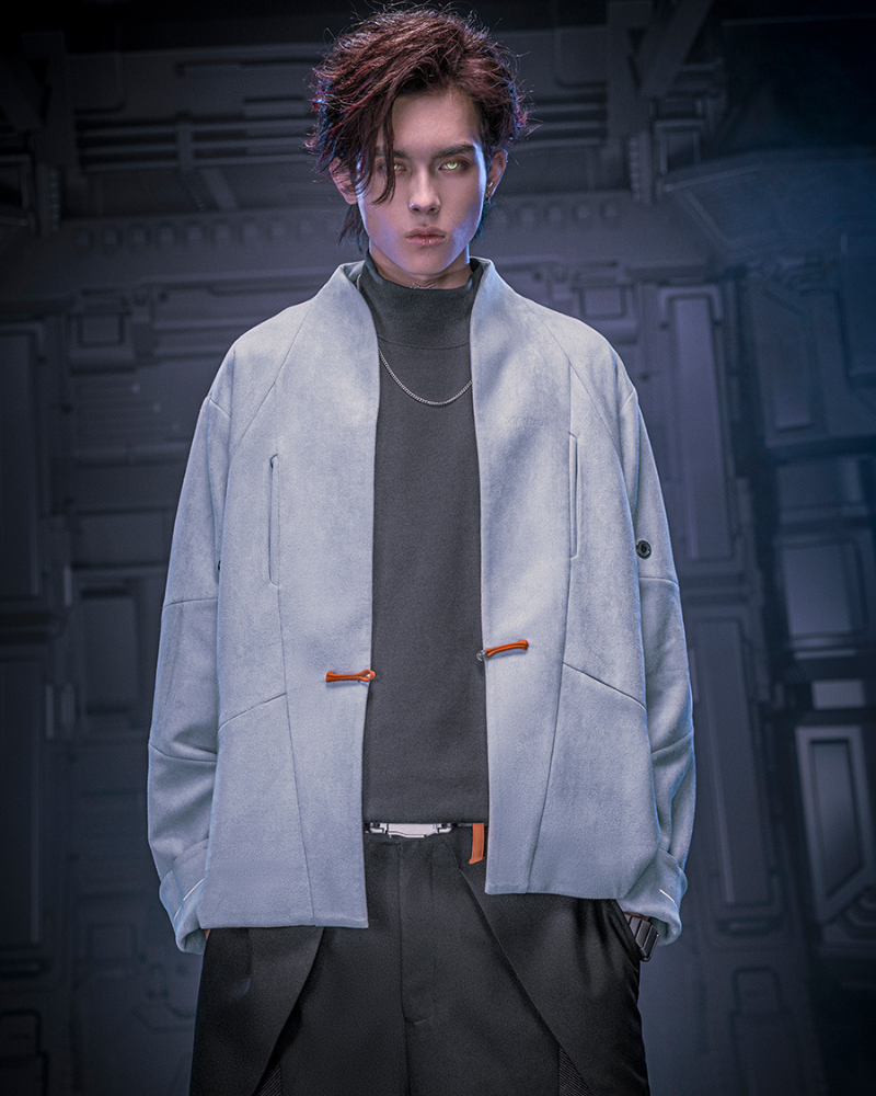 Unisex Minimalist Cyberpunk Suede Jacket -  durable polyester jacket - Unisex Cyberpunk Suede Jacket for Modern Style - View 4