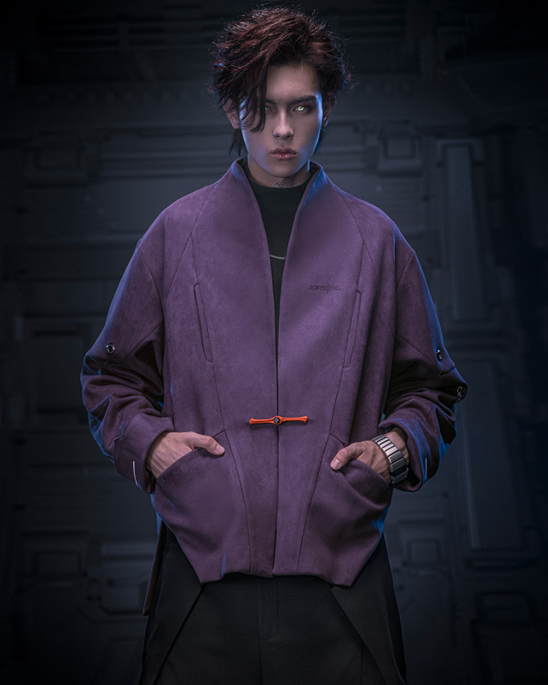Unisex Minimalist Cyberpunk Suede Jacket - futuristic jacket - Unisex Cyberpunk Suede Jacket for Modern Style - Main view
