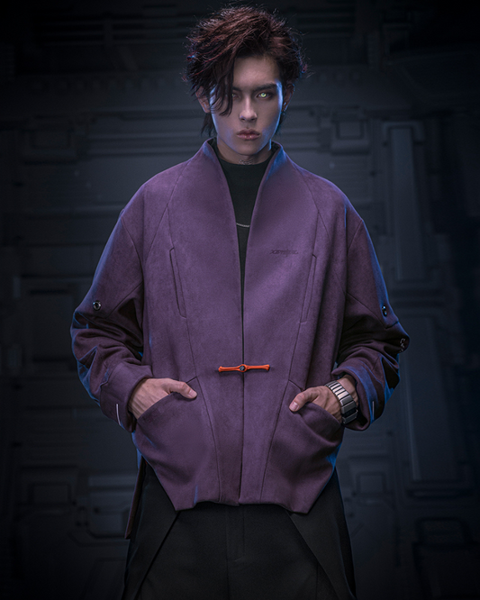 Unisex Minimalist Cyberpunk Suede Jacket - futuristic jacket - Unisex Cyberpunk Suede Jacket for Modern Style - Main view