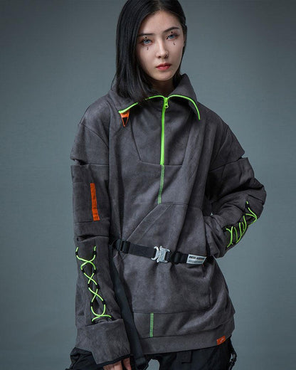 Unisex Suede Cyberpunk Turtleneck Hoodie - futuristic apparel - Unisex Suede Cyberpunk Turtleneck Hoodie for Futuristic Style - View 2
