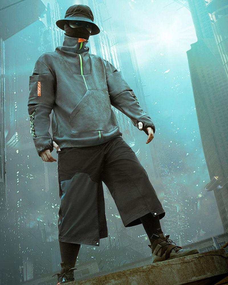 Unisex Suede Cyberpunk Turtleneck Hoodie -  streetwear - Unisex Suede Cyberpunk Turtleneck Hoodie for Futuristic Style - View 4