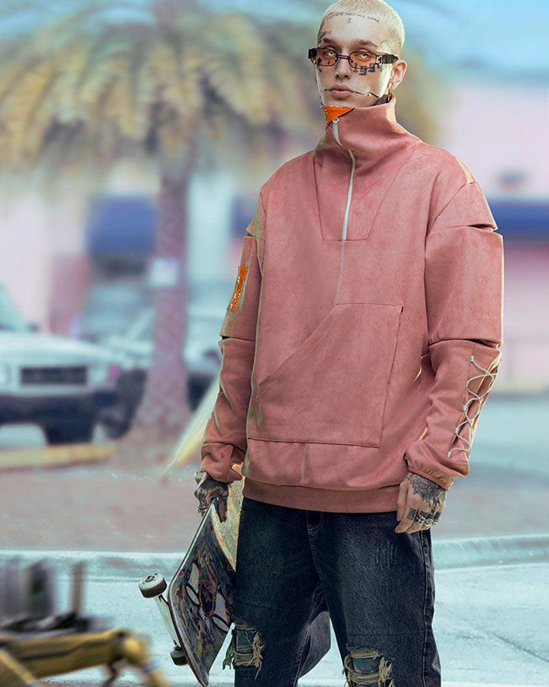 Unisex Suede Cyberpunk Turtleneck Hoodie -  suede hoodie - Unisex Suede Cyberpunk Turtleneck Hoodie for Futuristic Style - View 5