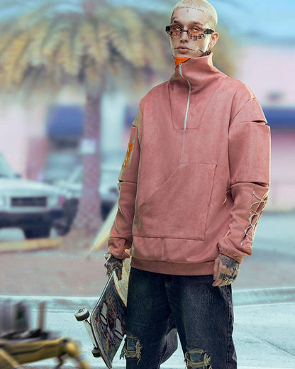 Unisex Suede Cyberpunk Turtleneck Hoodie -  suede hoodie - Unisex Suede Cyberpunk Turtleneck Hoodie for Futuristic Style - View 5