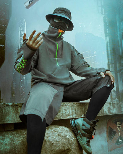 Unisex Suede Cyberpunk Turtleneck Hoodie -  techwear fashion - Unisex Suede Cyberpunk Turtleneck Hoodie for Futuristic Style - View 7