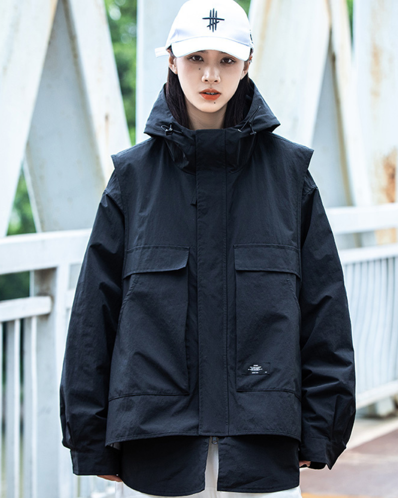 Unisex Tech-Inspired Layered Jacket - techwear and streetwear - Unisex Tech-Inspired Layered Jacket in Black - Main view