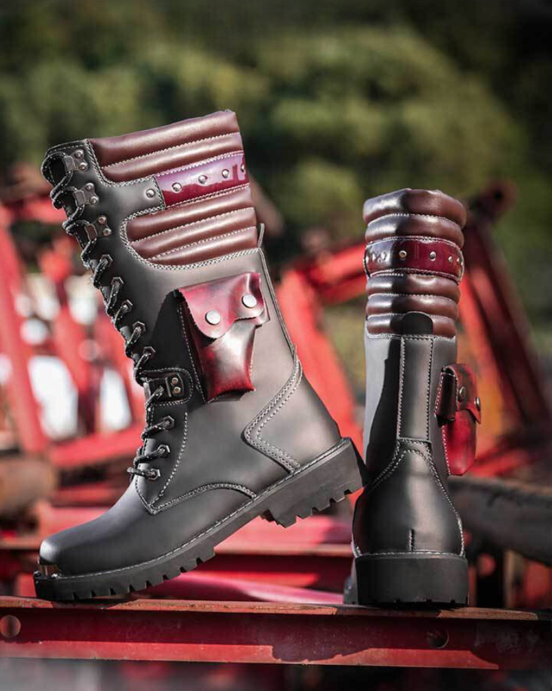 Urban Black Knee-High Boots -  buckle-accented boots - Stylish Black Knee-High Punk Motorcycle Boots - View 4
