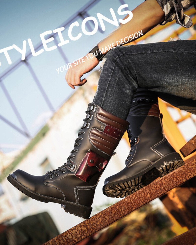 Urban Black Knee-High Boots -  durable polyurethan boots - Stylish Black Knee-High Punk Motorcycle Boots - View 5