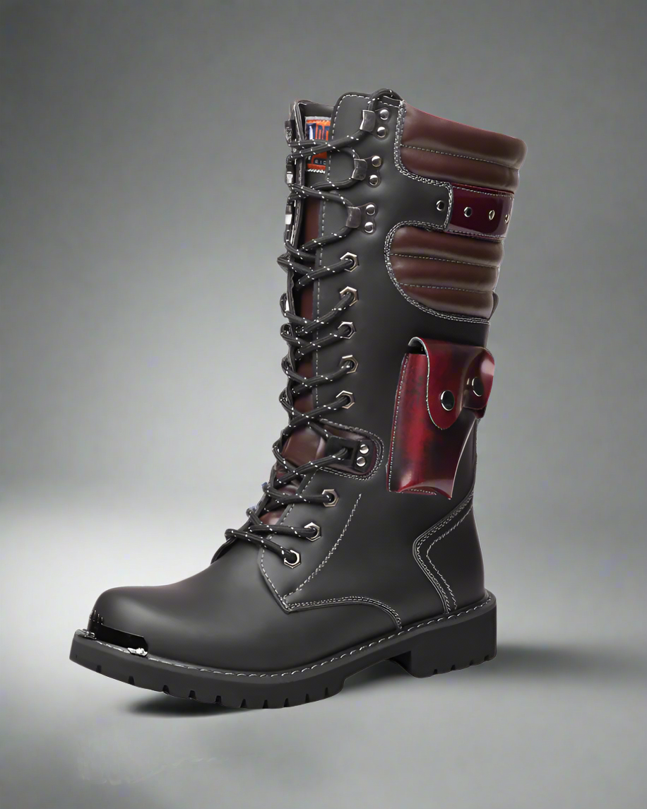 Urban Black Knee-High Boots - high-cut motorcycle boots - Stylish Black Knee-High Punk Motorcycle Boots - Main view