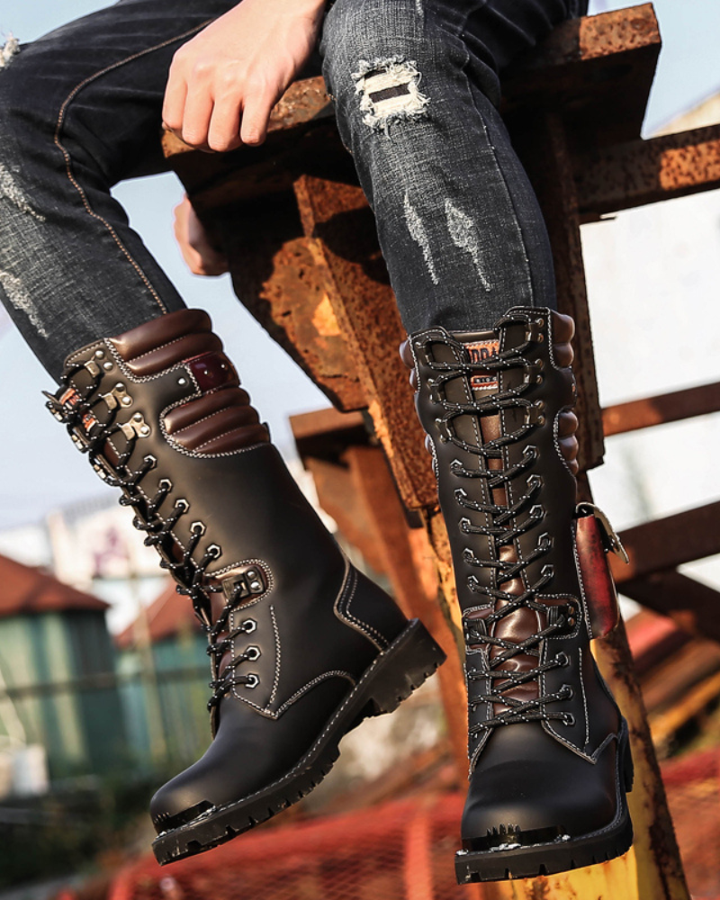 Urban Black Knee-High Boots - knee-high boots - Stylish Black Knee-High Punk Motorcycle Boots - View 2