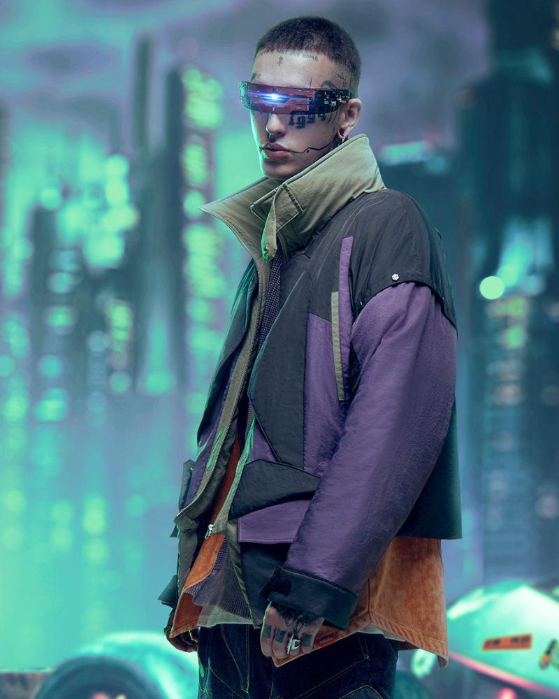 Urban Cyberpunk Hacker Jacket - futuristic techwear - Urban Cyberpunk Hacker Jacket in Green & Purple - View 2