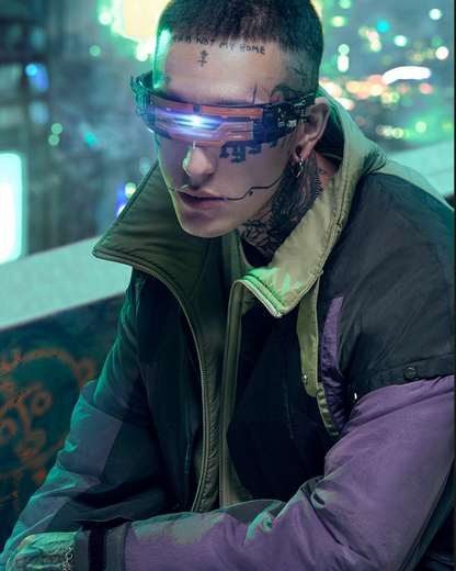 Urban Cyberpunk Hacker Jacket - futuristic techwear - Urban Cyberpunk Hacker Jacket in Green & Purple - View 9