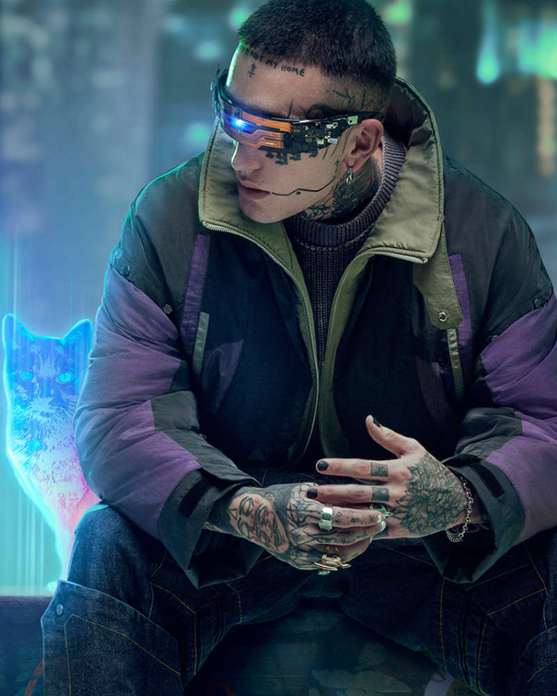 Urban Cyberpunk Hacker Jacket -  hacker jacket - Urban Cyberpunk Hacker Jacket in Green & Purple - View 10