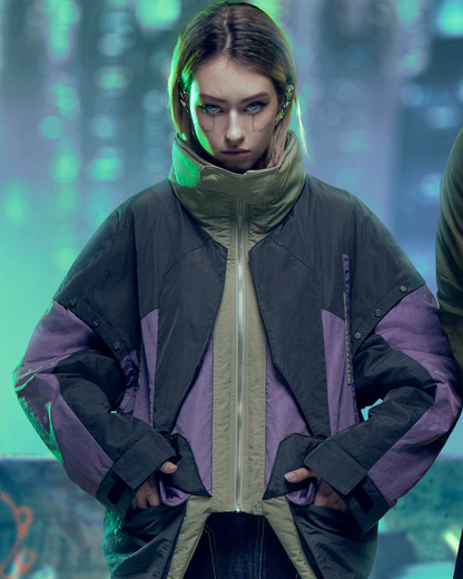 Urban Cyberpunk Hacker Jacket -  hacker jacket - Urban Cyberpunk Hacker Jacket in Green & Purple - View 3