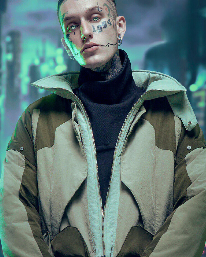 Urban Cyberpunk Hacker Jacket -  high-quality polyester jacket - Urban Cyberpunk Hacker Jacket in Green & Purple - View 4