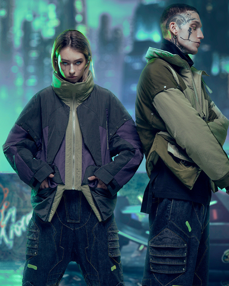 Urban Cyberpunk Hacker Jacket -  techwear - Urban Cyberpunk Hacker Jacket in Green & Purple - View 6