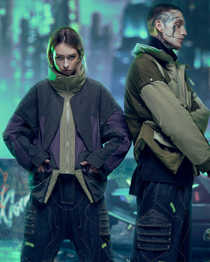 Urban Cyberpunk Hacker Jacket -  techwear - Urban Cyberpunk Hacker Jacket in Green & Purple - View 6