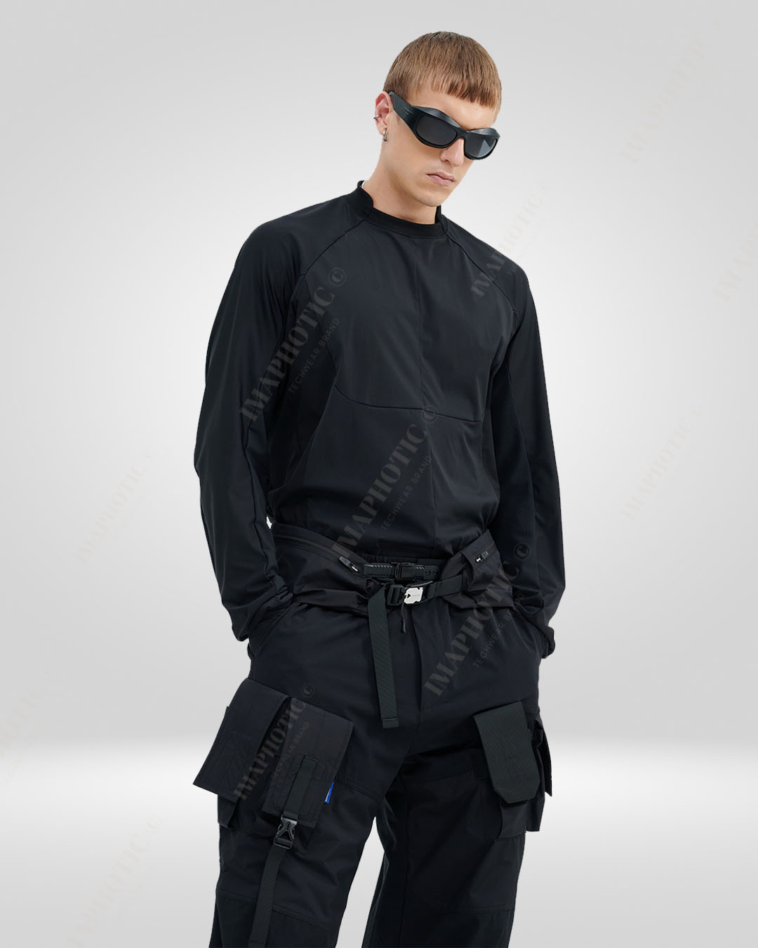 Urban Edge Tactical Raglan Sweatshirt | Modern Black Attire - modern black attire - Tactical Black Raglan Sweatshirt for Stylish Comfort - Main view