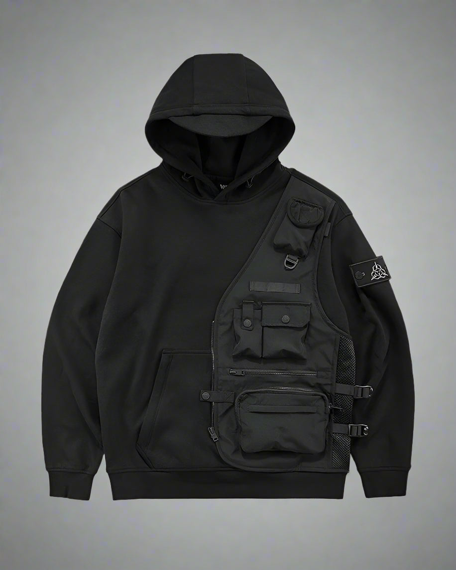 Urban Tactical Layered Hoodie - futuristic techwear hoodie - Layered Tactical Hoodie for Everyday Versatility - Main view