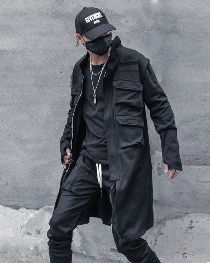 Urban Techwear Long Cargo Coat -  black coat - Urban Techwear Long Cargo Coat for Versatile Style - View 4