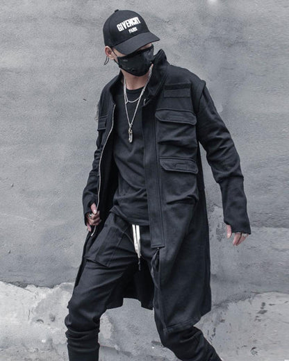 Urban Techwear Long Cargo Coat -  black coat - Urban Techwear Long Cargo Coat for Versatile Style - View 4