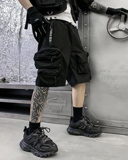 Utility-Driven Cargo Backpack Shorts -  black shorts - Techwear Cargo Shorts with Backpack Pockets - View 3