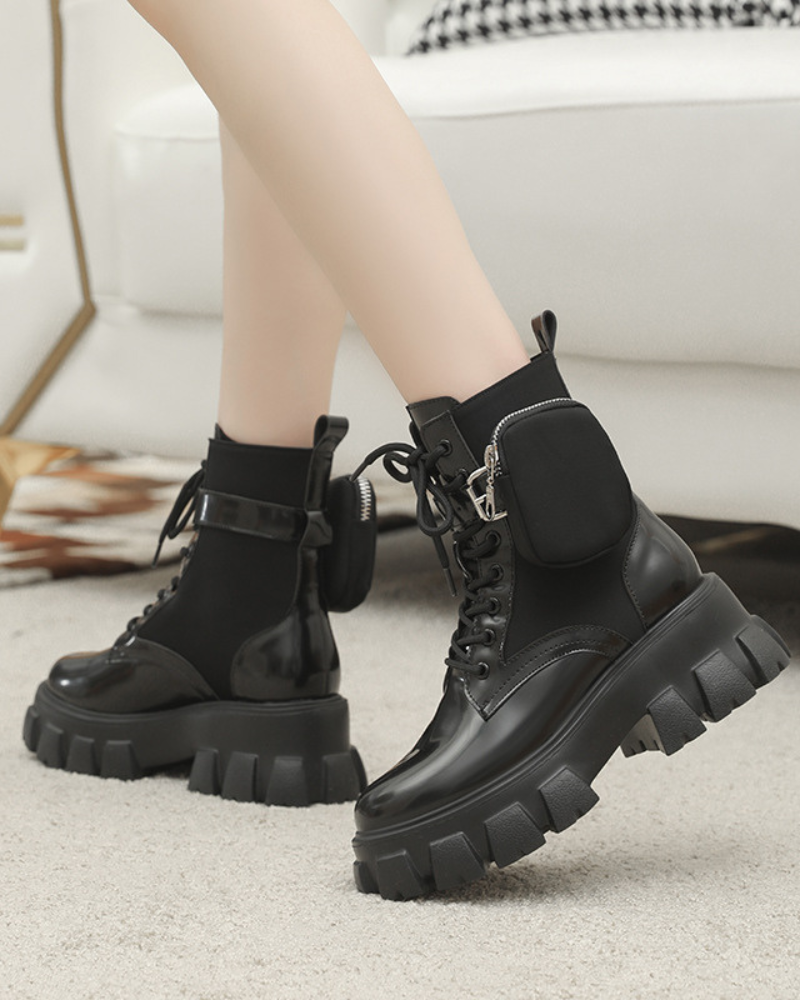 Utility Leather Boots with Pockets -  black leather ankle boots - Utility Leather Boots with Convenient Pockets - View 3