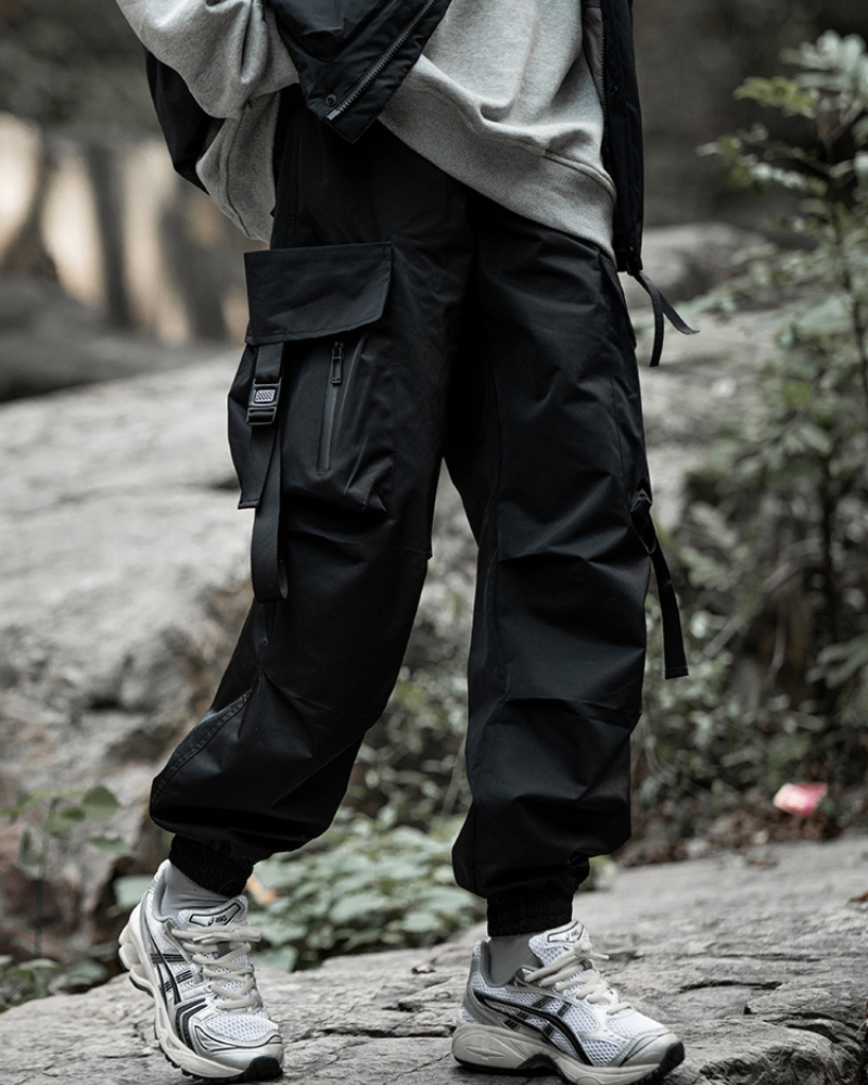 Versatile Black Ribbon Cargo Pants -  adjustable waistband - Comfortable Black Ribbon Cargo Pants with Pockets - View 11