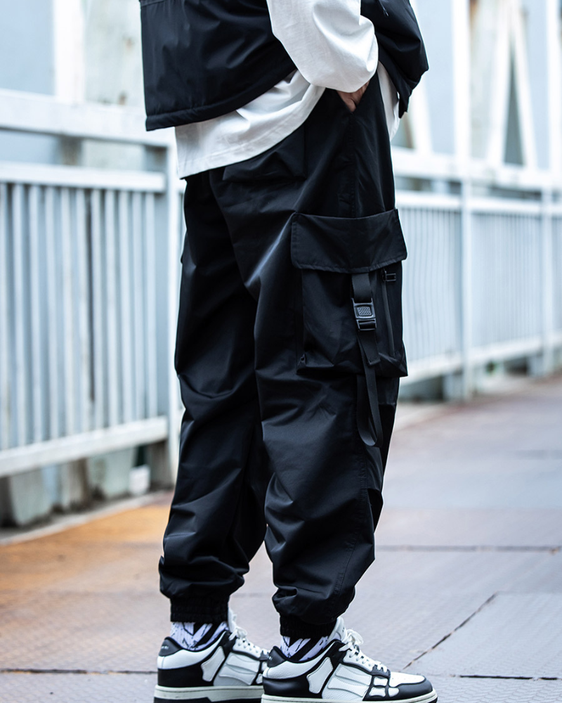 Versatile Black Ribbon Cargo Pants -  adjustable waistband - Comfortable Black Ribbon Cargo Pants with Pockets - View 3