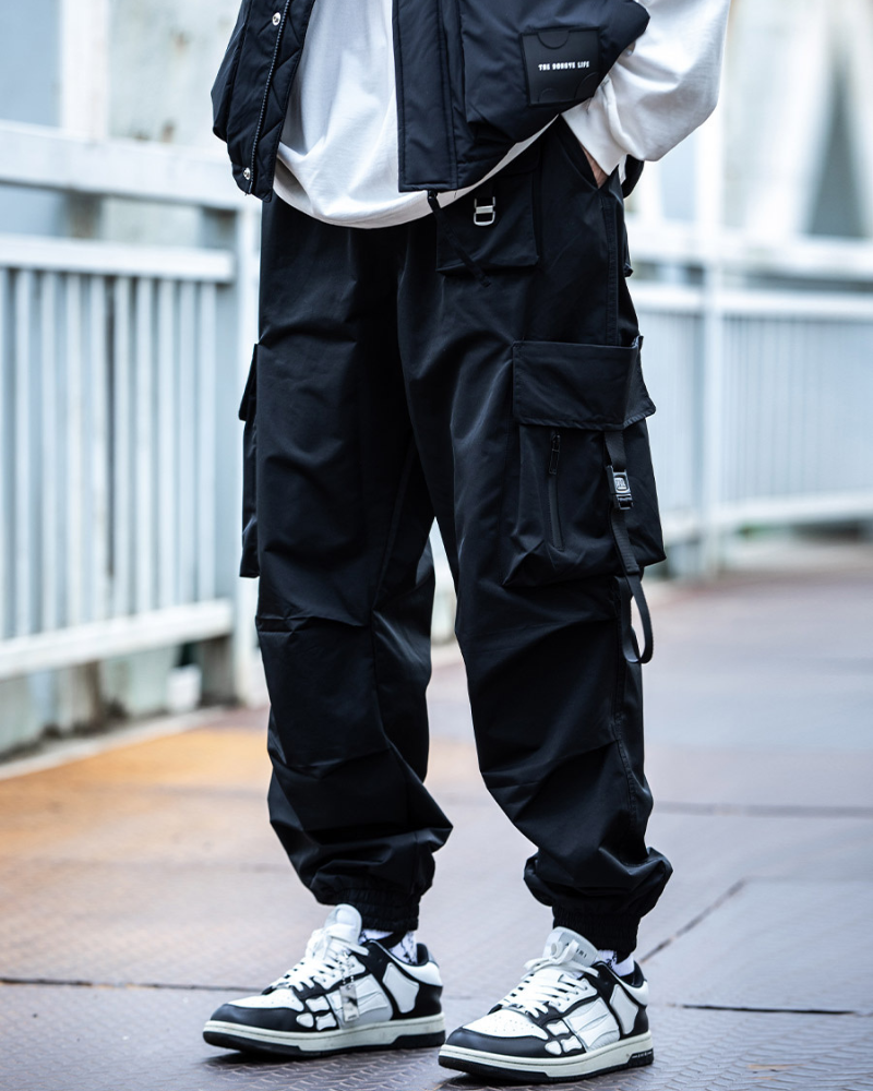 Versatile Black Ribbon Cargo Pants - cargo pants - Comfortable Black Ribbon Cargo Pants with Pockets - Main view