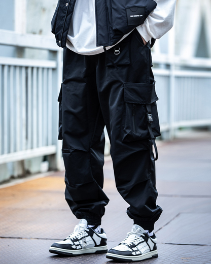 Versatile Black Ribbon Cargo Pants - cargo pants - Comfortable Black Ribbon Cargo Pants with Pockets - Main view