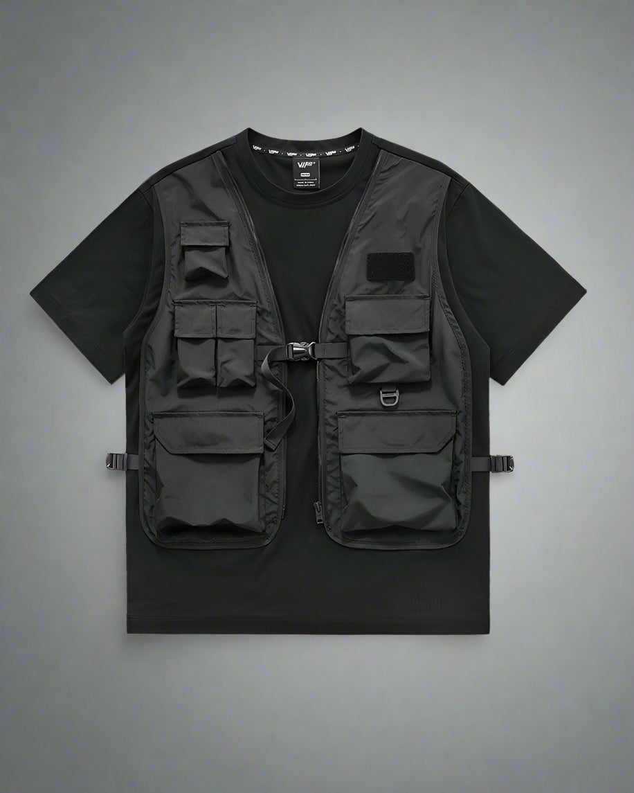 Versatile Layered Tech T-Shirt - New Arrivals - Layered Tech T-Shirt with Unique Faux Vest Design - Main view
