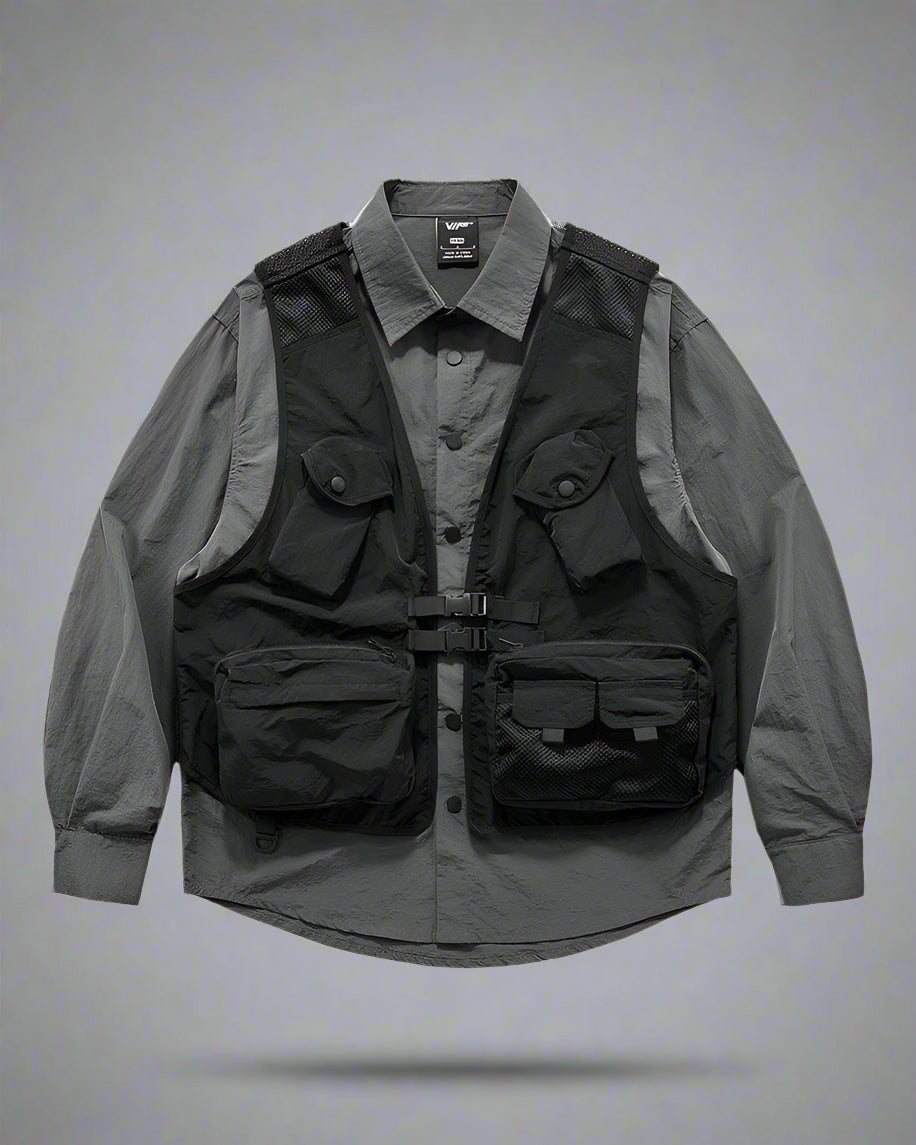 Versatile Multi-Pocket Layered Shirt - Futuristic Techwear Shirt - Layered Multi-Pocket Techwear Shirt for Urban Style - Main view