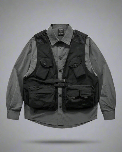 Versatile Multi-Pocket Layered Shirt - Futuristic Techwear Shirt - Layered Multi-Pocket Techwear Shirt for Urban Style - Main view