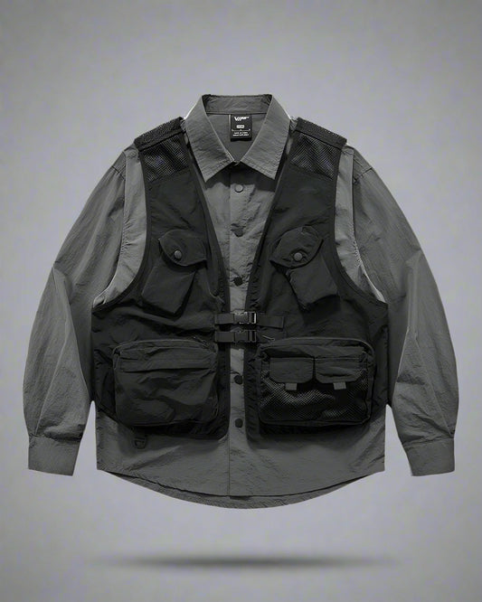 Versatile Multi-Pocket Layered Shirt - Futuristic Techwear Shirt - Layered Multi-Pocket Techwear Shirt for Urban Style - Main view