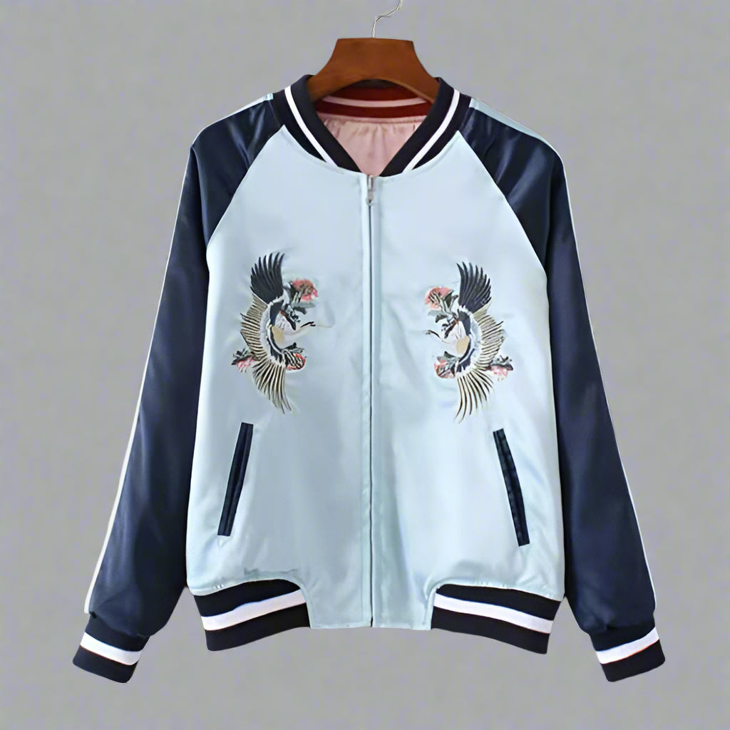 Versatile Reversible Bomber Jacket - crane embroidered jacket - Reversible Bomber Jacket with Crane Embroidery - View 2