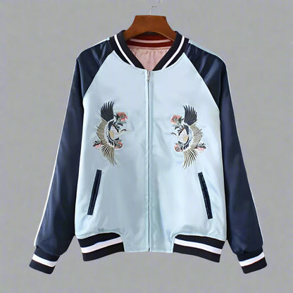 Versatile Reversible Bomber Jacket - crane embroidered jacket - Reversible Bomber Jacket with Crane Embroidery - View 2