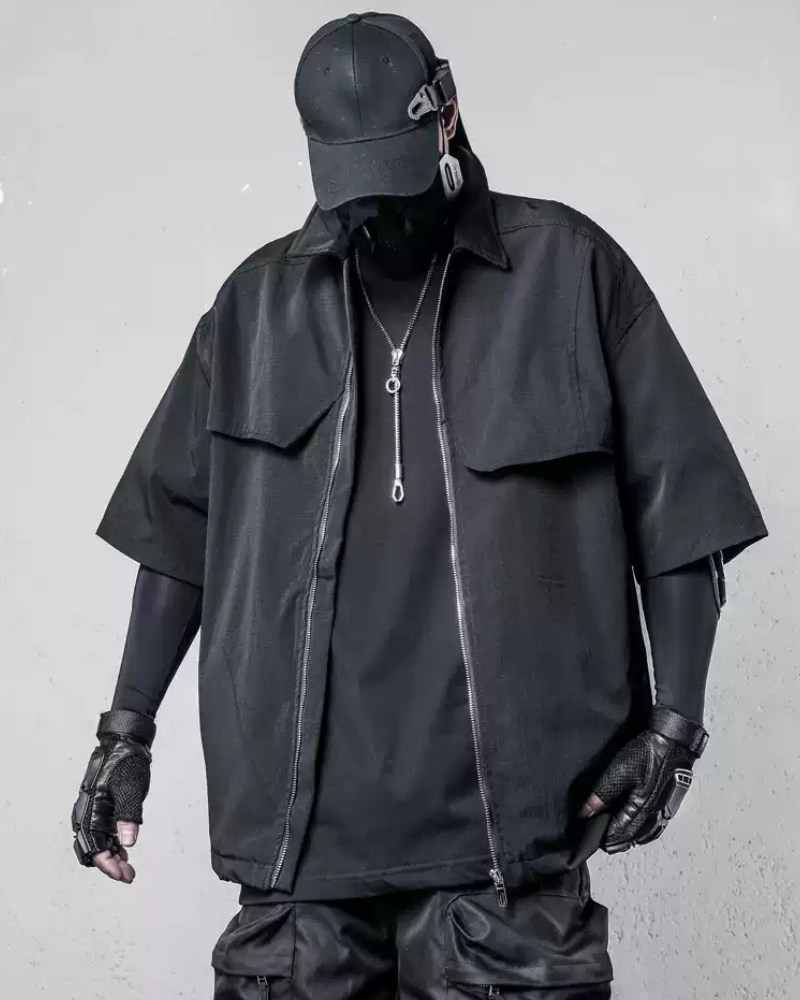 Versatile Zip-Up Short Sleeve Shirt -  black shirt - Stylish Zip-Up Short Sleeve Shirt for Everyday Wear - View 3